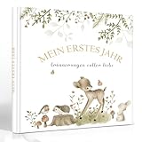 Mein erstes Jahr Babyalbum zum Selbstgestalten - Baby Fotoalbum mit 84 Seiten und Sticker - Viel Platz für Fotos & Meilensteine - Geschenk zur Geburt & Babyparty für Mädchen und Junge (Hirschmuster)
