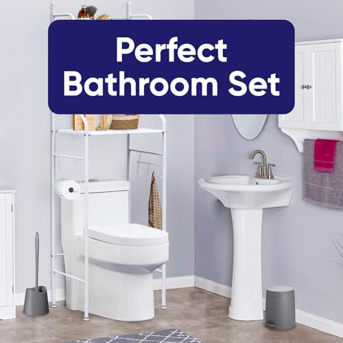 Image of Superio Bathroom Trash Can with Toilet Brush Set Grey Modern 6 Liter Small Waste Basket Plastic Step On Garbage Can and Toilet Bowl Cleaner Bathroom Accessories Set, Grey