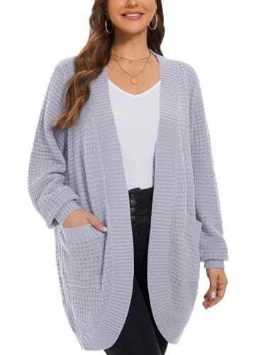 Image of LARACE Long Cardigans for Women Plus Size Tops Open Front Sweaters with Pockets Waffle Ribbed Sleeve Loose Fall Outwear