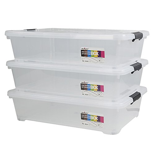 Hommp 3-Pack Plastic Under Bed Storage Box Container, 40 Quart Clear Stackable Storage Box Wheeled Latching Box