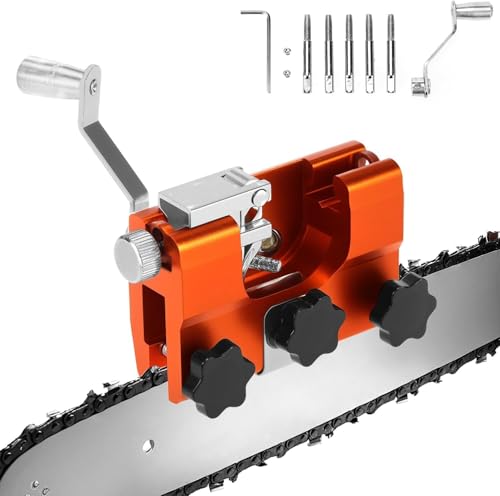 [Joejoier]【日本「工具の町」三木市、百年職人の技】ハンドクランク式チェーンシャープナー チェーンソー 目立て機 チェーンソー目立て道具 高炭素鋼砥石+角度調整不要 手動式ポータブル研ぎ工具 電気/ガソリン式対応 林業・DIY用 軽量コンパクト設計 現場メンテナンス工具 (オレンジL(6.4*9CM)＋研磨棒5本)