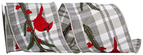 Reliant Ribbon 94056W-900-10D Cardinal Holly Embroidered Plaid Dupioni Wired Edge Ribbon, 4 Inch X 5 Yards, Grey