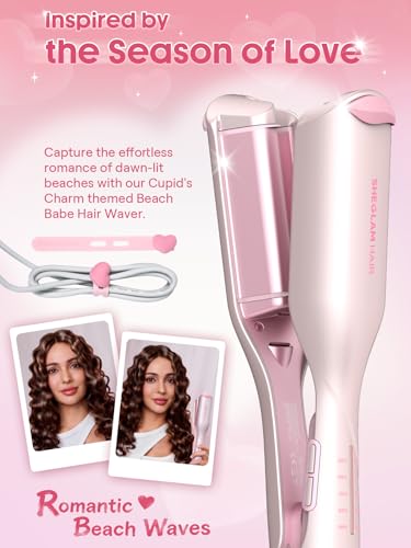 Image of SHEGLAM Pink Beach Wave Hair Waver 0.75 inch - Lightweight Dual Voltage Crimper for Women, Smart Timer Double Barrel Tool with Adjustable Temps & Anti-Scald for Mermaid Waves on Short Hair