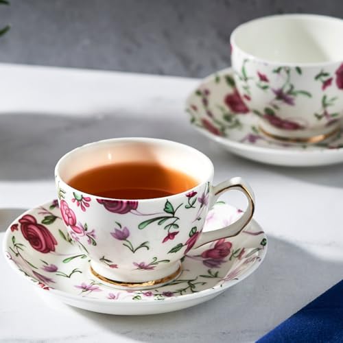 Image of GOLDEN QUEEN'S Cup & Saucer Set | Perfect for Hosting & for Tea /Coffee Lovers | Handcrafted in India, Inspired by Florals & 24-Carat Gold Rim | 6 Cups & 6 Saucers |170 ml (Button Rose)