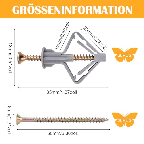 20 Stück Gipskartondübel mit 20 Stück Schrauben, Butterfly Hohlraumdübel Gipskartondübe, Trockenbaudübel Anker Sets, Selbstbohrender Schrauben für Ziegeln, Beton, Gipskarton