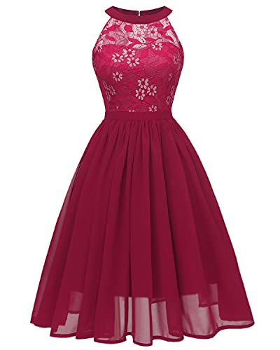 marysgift Damen Spitzenkleid Brautjungfer Elegant Party Knielang Cocktailkleid Chiffon Ärmellos Weinrotes L 40 42 Cover