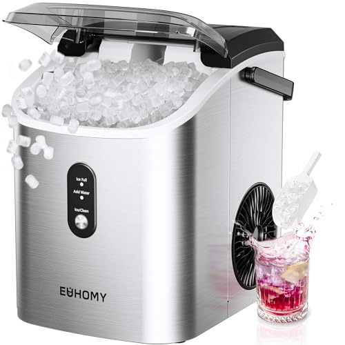 Comparison: Best Portable Ice Maker For Rv 11 EUHOMY Nugget Ice Maker Countertop with Handle, Ready in 6 Mins, 34lbs Per Day, Removable Top Cover, Auto-Cleaning, Portable Sonic Ice Maker with Basket and Scoop, for Home/Party/RV/Camping (Silver)