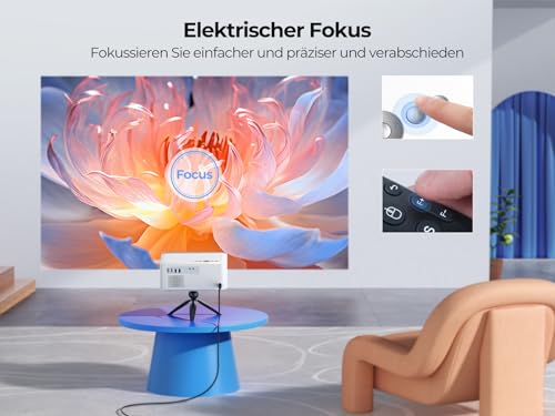 Beamer【Android TV】 25000Lumen, Beamer Native 1080P HD Support 4K, WIFI6 Bluetooth【Elektrischer Fokus & Auto Trapezkorrektur】 Android Beamer 4K Heimkino für iPhone/Android/Tablet mit Stativ – Bild 5