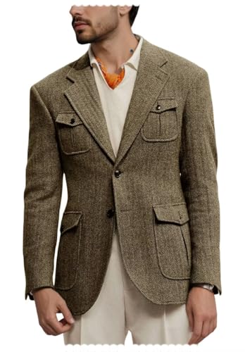 Men's British Tweed Blend Blazer Single-Breasted Business Herringbone Sports Jacket