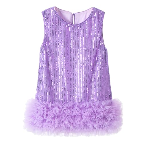 KARETT Girls Sequin Dress for Toddler Sleeveless A-Line Party Sparkly Gown with Multi-Layered Wavy Mesh for Holiday Birthday Pageant Purple 5-7T