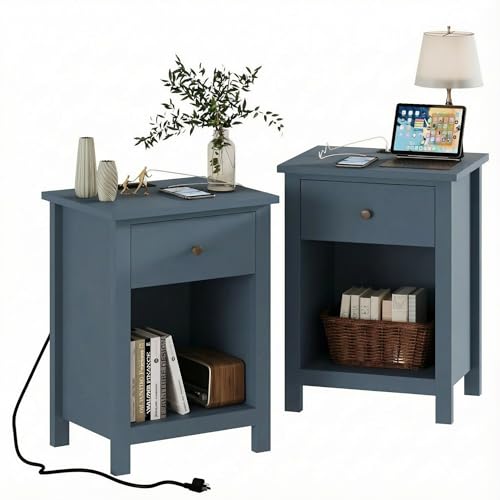 ChooChoo Farmhouse Nightstand Set of 2 Night Stand with Charging Station Wooden Top Bedside End Table with Drawer and Storage Space for Bedroom Blue