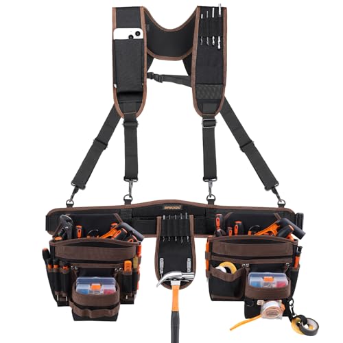 Tool Belts for Men, 36 Pockets Tool Belt with Suspenders, Heavy Duty Tool Belt Suspenders with Detachable & Adjustable Tool Pouches Bag for Electrician, Carpenter, Construction, Framers(35