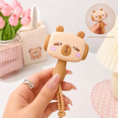Image of HOUSELY Cute Cartoon Bunny Squeaky Squeeze Toy - Soft Silicone Kawaii Hammer with Sound | Stress Relief Fidget Toy with Beaded Strap, Portable Bag Charm for Kids & Adults, Return Gift - Beige