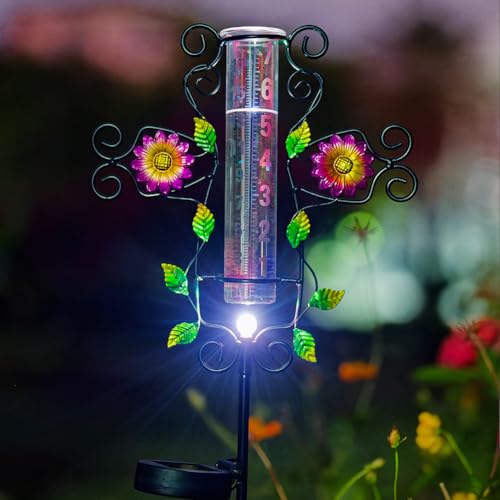 Rain Gauge Outdoor Solar Powered LED Lights Rain Gauge Color Changeable Decorative Water Gauge for Yard,Garden,Patio,Lawn