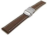 KURZBESCHREIBUNG - Uhrenarmband aus Leder -- Farbe dunkelbraun -- helle Naht -- Stegbreite 20mm -- Normallänge -- mit Titan-Faltschließe -- sportiver Look -- passend für Uhren mit Standard-Bandanstoß -- MEYHOFER-Kollektion 