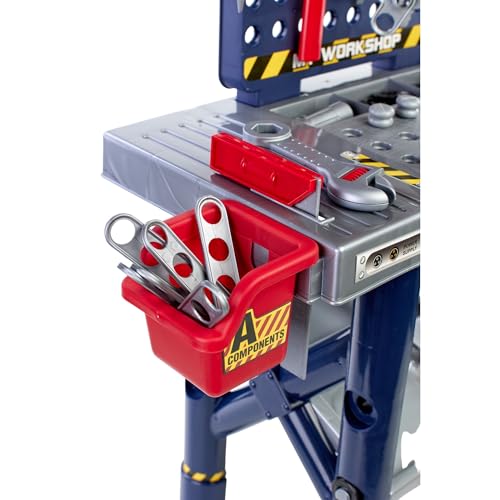 Bancada de Ferramentas Infantil Interativa, Kit de Ferramentas com Mesa de Trabalho, Azul e Vermelho