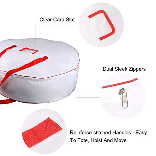 TQS 25" Christmas Wreath Storage Bag - Xmas Large Wreath Container - Reinforced Wide Handle and Double Sleek Zipper - Heavy Duty Protect Your Party Decorations Garland - White