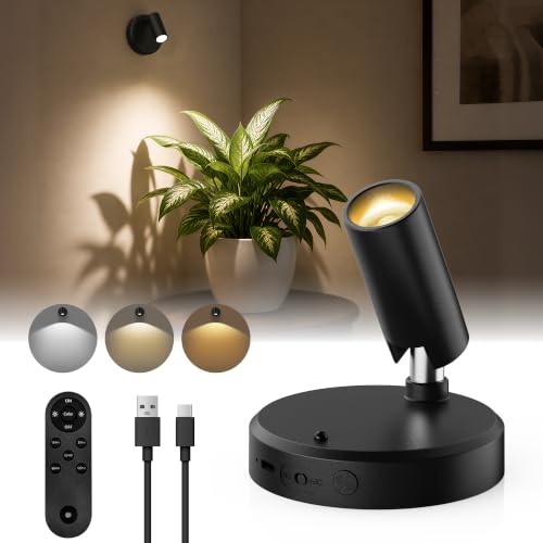 EZVALO 5500mAh Battery Powered Indoor Spotlights Uplights for Indoor Plants Wireless LED Picture Light for Wall Dimmable with Remote & Timer 3-Colour for Artwork & Tree Display (1 Black)
