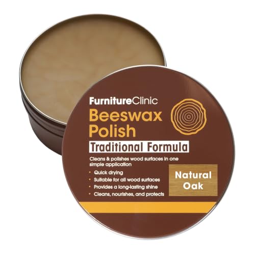 Furniture Clinic Natural Oak Coloured Beeswax Polish for Wood & Furniture - 200ml. Natural Finishing Wood Wax for All Types of Furniture & Wooden Surfaces. Colour Protect & Enhance