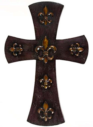 Large Metal Cross Wall Sculpture Plaque, 36-inch, Antique Burgundy Red, Fleur De Lis, Religious Holy Decoration