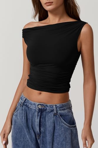 QINSEN Womens One Shoulder Sleeveless Basic Top Double Lined Slim Fit T Shirt Cropped Tee3
