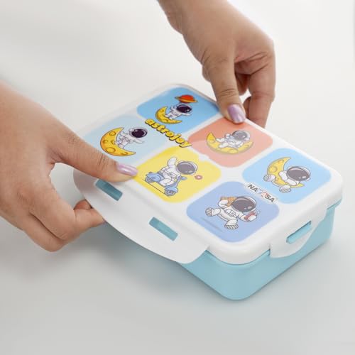 Image of Nayasa Camp 2 Compartment BPA-Free Plastic Lunch Box for Kids Boys | Astronaut Print | Leak Proof Clip Lock | Blue