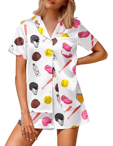 Image of Ekouaer Silk Satin Pajamas 2 Piece Pajamas for Women Set Button Down PJ Short Sleeve and Shorts Pjs Lounge Sets