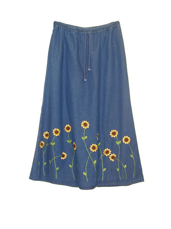 LA CERA Women's Plus Size Denim Sunflower Embroidered Skirt – Vintage-Inspired A-Line with Easy Pull-On Waistband for Summer