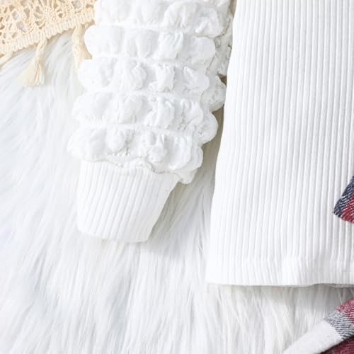 Image of Toddler Girls Christmas Outfits Girls Puff Sleeve Knit Ribbed Tops Button Down Vest Plaid Skirt Set Winter Clothes