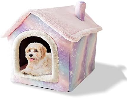 Galatée Cat Cave Bed, Washable Dog Bed, Warm And Cosy Plush Cat Igloo, Foldable Comfortable Pet Cat House, Pet Bed With Nonskid Bottom(M, Brown Stars)