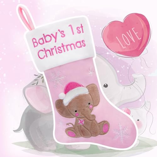 Image of ALLYORS Babys First Christmas Stocking Elephant Stocking Christmas Baby 1st Christmas My First Christmas Decor Ornament Christmas Stockings Newborwn Xmas Decor (Pink)