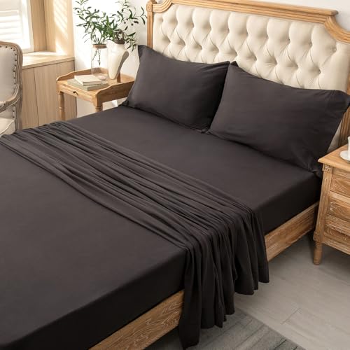 PURE ERA Jersey Knit 4pc Bed Sheet Set 100% T-Shirt Cotton Super Soft Comfy Breathable Fits Mattress Up to 20" Extra Deep Pocket (Solid Deep Brown, King)