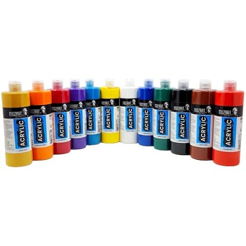 MOZART Acrylfarben-Set. 12 Farben je 400ml. Malfarben für Kinder. Deckende Farben für Leinwand, Pouring, Papier, Holz, Malkarton, Stein, Stoff, Leder, Metall, Keramik. Allzweckfarben-Set 12 x 400 ml Cover