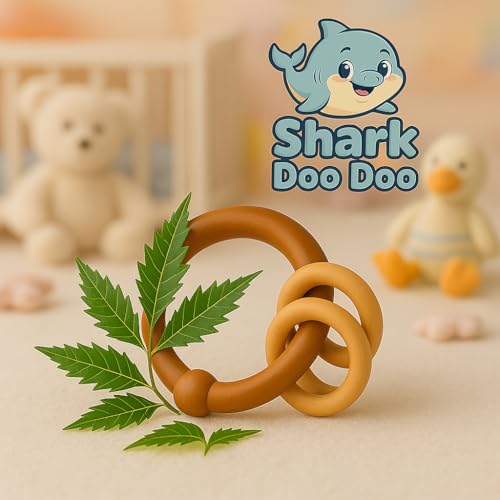 Image of Shark Doo Doo Neem Wood Baby Teether (Round Rattle with Rings) | Organic & Handcrafted | Chemical-Free, Paint-Free, Antibacterial Teething Toy for Babies