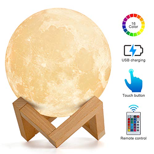 Lámpara de Luna, AMZJUPWM 3D Impresión en16 Colores con Soporte, Control Táctil y Luz de Noche Portátil USB Recargable para Decoración del Hogar y Regalos para Niños, Amigos, Amantes (Luna)