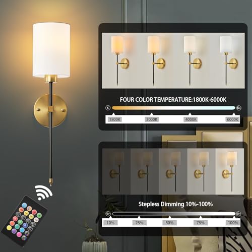 Image of Battery Operated Wall Sconce Set of Two, Wireless Rechargeable Wall Light With Remote Control, Dimmable, 4 Color Temperatures, RGB, Timer, for Living Room,Bedroom,Entryway, Black Gold, 26.8 Inch