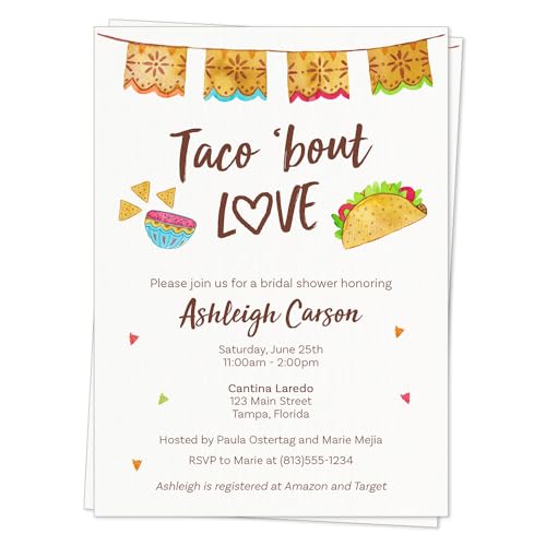Taco Bridal Shower Invitations Fiesta Wedding Invite Taco Bout 'Bout Love Customizable Printed Personalized Cards (12 Count)