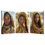 JOSUE 3 Teilig Afrikanische Frauen Bilder Schwarze Painting Bilder Leinwand,Gelb,Grau Wandbilder FüR Schlafzimmer Wohnzimmer BüRo Home Dekorationen-30x45cmx3 Gerahmt