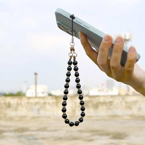 Image of TENOC Marble Beaded Phone Wrist Strap, Obsidian Black | Cellphone Lanyard Chain, Sparkling Wristlet Bracelet, For Women