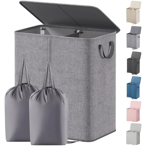 Product Image of the Lifewit Double Laundry Hamper with Lid and Removable Laundry Bags, Large Collapsible 2 Dividers Dirty Clothes Basket with Handles for Bedroom Laundry Room Closet Bathroom College, 155L Grey