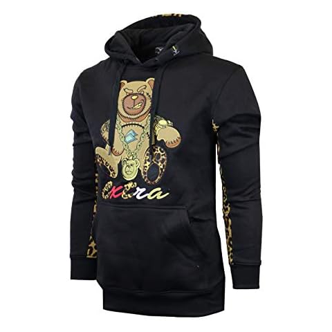 SCREENSHOT-F11972 Mens Urban Hip Hop Premium Pullover Fleece Hoodie - Activewear Street Fashion Bear Cartoon Embroidery Fleece-Black/Animal-Small Cover
