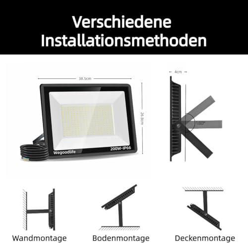 Wegoodlife Zewnętrzny reflektor LED 200 W, super jasny, 20000 lm, 3000 K, ciepła biel, IP66, wodoszczelny reflektor LED, kąt świecenia 120°, oświetlenie zewnętrzne do podjazdu, ogrodu, garażu, tarasu