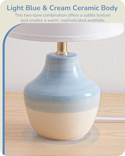 EDISHINE 11.8" Ceramic Table Lamp, Light Blue & Cream Base, Modern Bedside Table Lamp with TC Fabric Shade, Bedside Lamp for Bedroom, Living Room, E14 2700K LED Bulb Included, On-Off Line Switch - Image 3