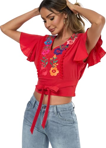 Women's V Neck Tie Front Crop Tops Summer Ruffle Short Sleeve Boho Peasant Embroidered Top Shirt Blouse3