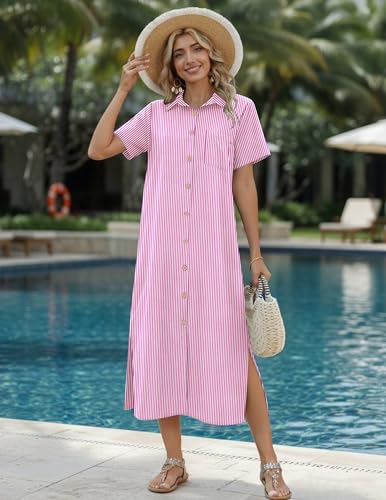 Image of HOTOUCH Womens Dress Summer Casual Midi Short Sleeve Button Down Shirt Dresses Loose Beach Cover Up with Pockets