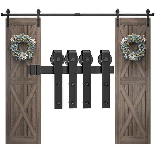 Double Barn Door Hardware Kit - 8 FT Steel Heavy Duty Rail Interior Sliding Barn Doors Slide Track Roller Set with Floor Guide Fits 24 inch Wide Panel for Garages/Closets/Bedroom/Kitchen (Black)