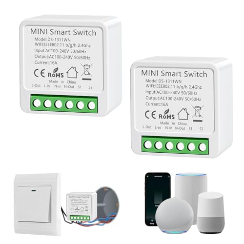 Interruttore WiFi, 16A Interruttore Smart Life, Interruttori Intelligente Relé WiFi, Interruttori Luce Alexa, Supporta il Controllo Vocale, Cavo Neutro Richiesto, Timer Fai Da (2 pezzi)