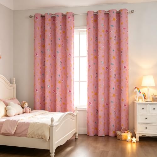 Image of Unicorn & Rainbow Pink Room Darkening Curtains 84 Inch Long for Girls Room | Estelar Textiler Star Moon Kids Blackout Curtains for Nursery,Grommet Thermal Insulated Drapes for Playroom,52Wx84L,2 Panels
