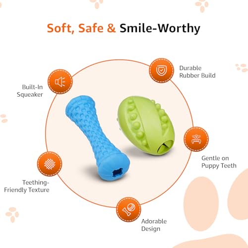 Image of Amazon Basics Treat Dispensing Dog Toy Combo | Squeaky Ball & Interactive Bone | Durable Rubber | Mental Stimulation & Teething | for Puppies & Small Dogs