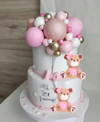 Bear Cake Toppers With Pink Gold White Cake Topper Mini Balloons, For Baby Shower Gender Reveal Party Birthday Party Bear Theme Party Supplies (Pink) #TOP2